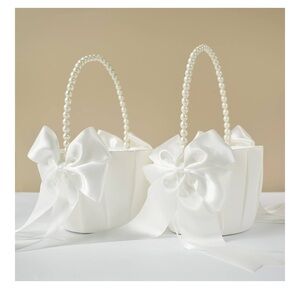 Elegant White Pearl Handle flower girl basket